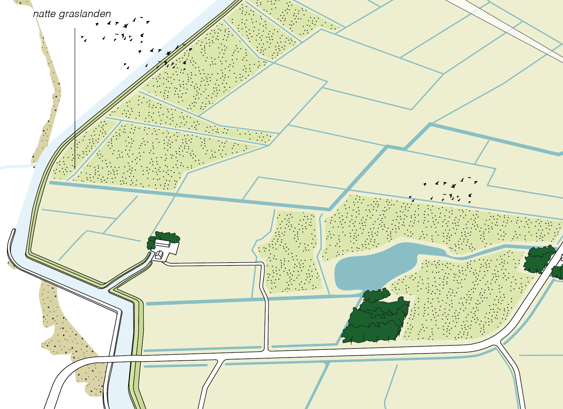 Illustratie van landschap met natte graslanden